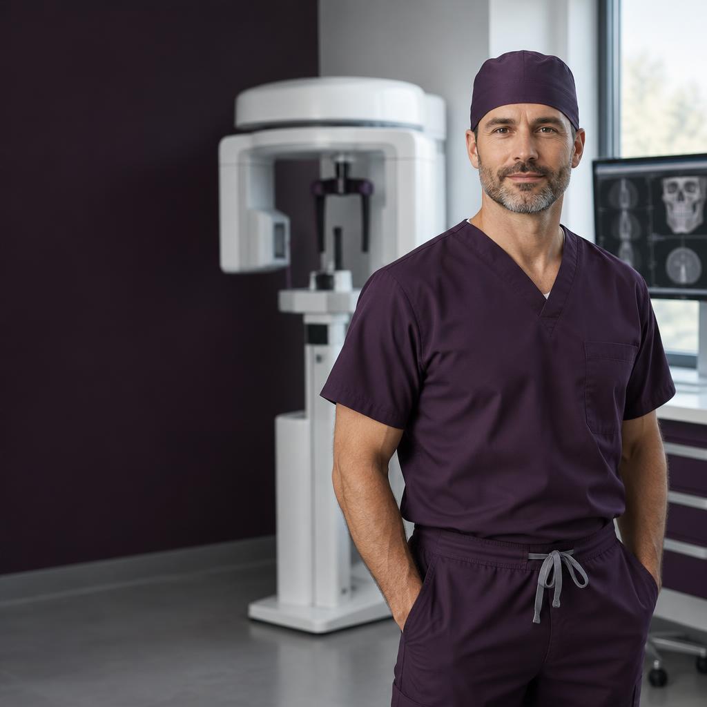 Oral surgeon in a modern surgical suite